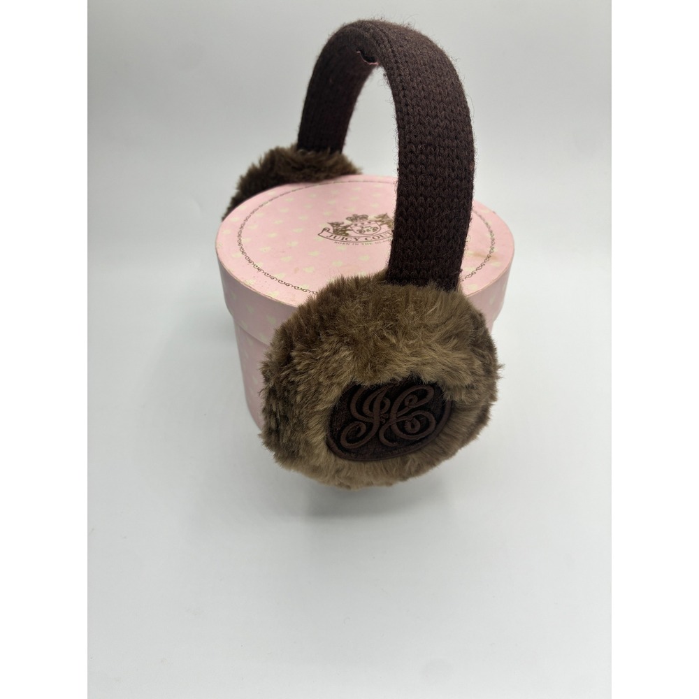 Juicy Couture Winter Ear Muffs Y2K Aesthetic Faux Fur Knit Monogram OS Brown